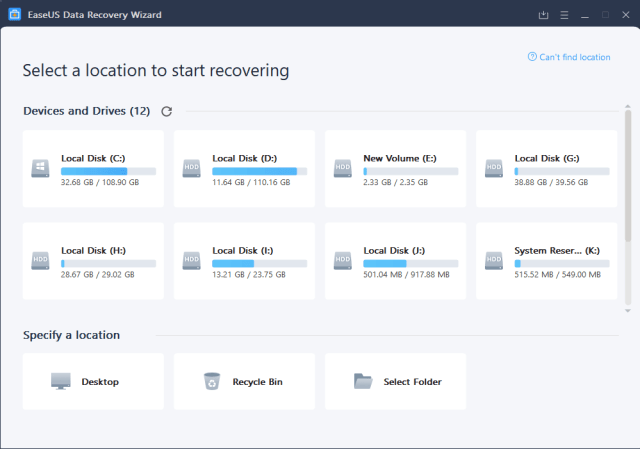 EaseUS Data Recovery Free Screenshot for select a location